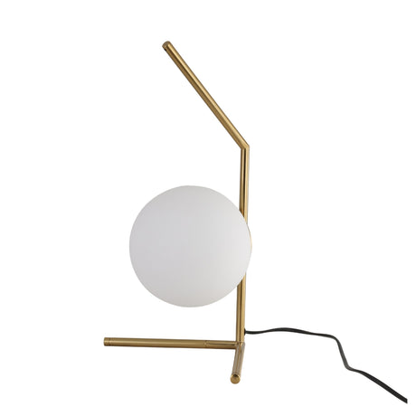The Vetra 1 Light Opal Glass Table Lamp - Gold features a spherical opal glass shade and a sleek, angular gold frame, complemented by a black power cord extending from its base.