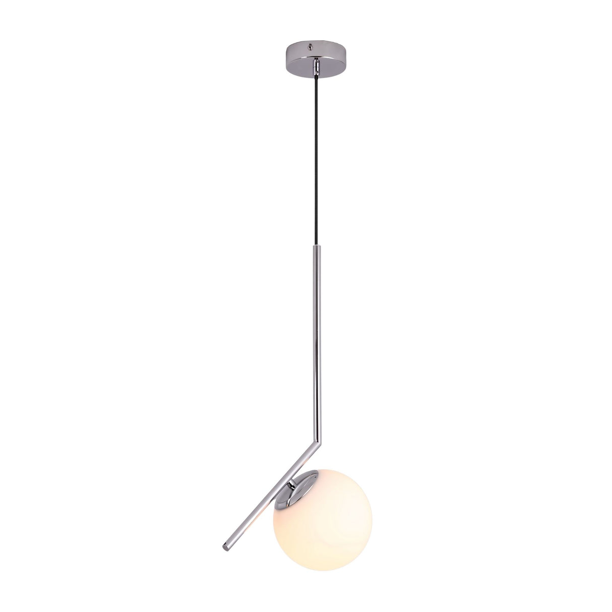Niori Vetra pendant light with a 30cm opal glass globe on an angled polished chrome stem, shown against a plain white background.