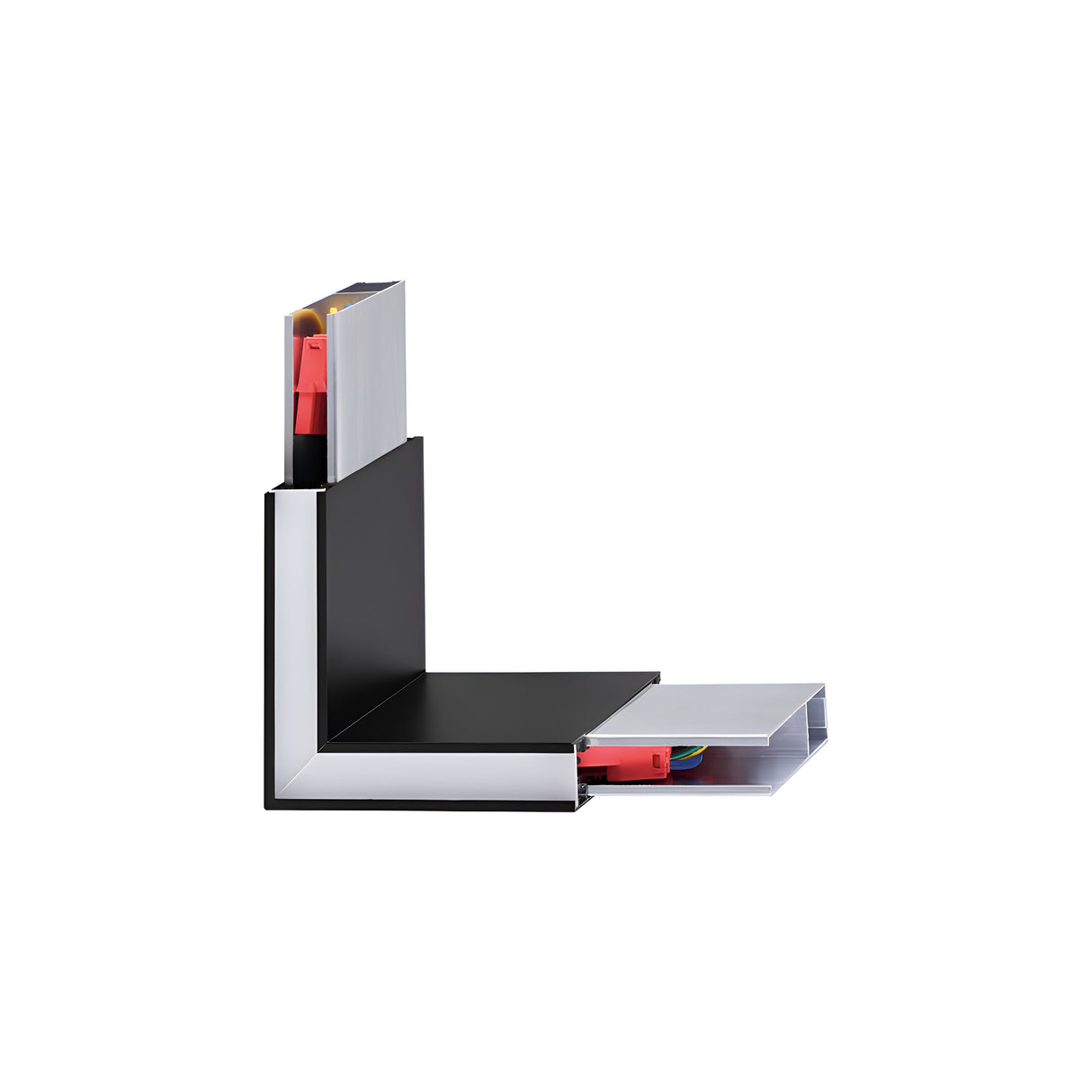 Cross-section view of an aluminum window frame with black and silver components, showcasing internal red rubber seals and cables. It is complemented by the Flux Corner LED Track Connector 3000K - Black for enhanced indoor lighting. The structure is displayed against a white background.