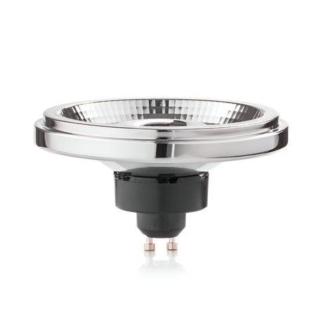 A silver recessed ceiling light with a reflective interior is displayed against a white background. The 12W GU10 Non-Dimmable LED Bulb - 3000K produces 960 lumens and features two connection pins. Its sleek design includes a black base and a wide, shallow dome, providing energy-efficient lighting.