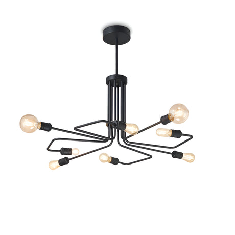 The Lustria 8 Light Pendant - Black showcases contemporary sophistication with its black metal branches, each capped with a round bulb. Hanging from a circular base, the bulbs vary in size and are arranged in an abstract geometric pattern, providing minimalist charm to any setting.