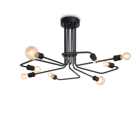 Introducing the Lustria 8 Light Ceiling Light - Black, a modern masterpiece featuring a sleek black finish. This contemporary fixture showcases an abstract design with multiple exposed bulbs arranged at varying angles on a wire structure, making it the perfect addition to enhance any minimalist space against its white backdrop.