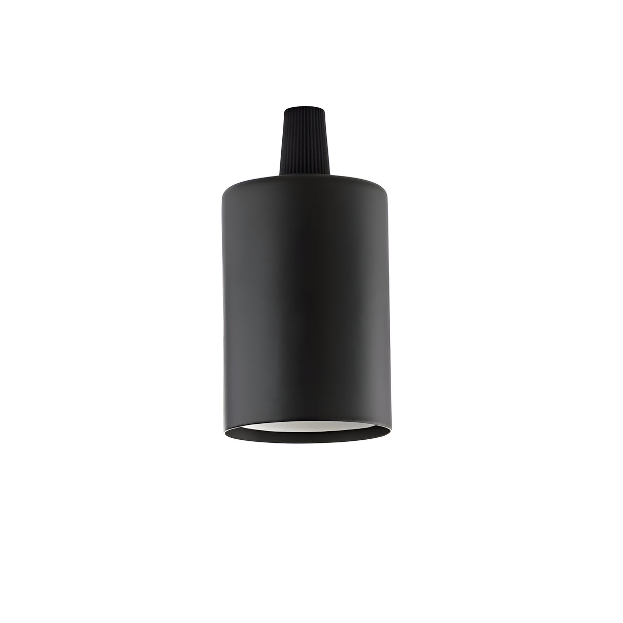 The Radiancea E27 Small Lamp Holder - Black is a sleek cylindrical pendant light designed for industrial interiors, hanging elegantly against a plain white background. Its smooth, matte finish and narrow top section for ceiling attachment capture the essence of contemporary lighting.
