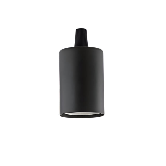The Radiancea E27 Small Lamp Holder - Black is a sleek cylindrical pendant light designed for industrial interiors, hanging elegantly against a plain white background. Its smooth, matte finish and narrow top section for ceiling attachment capture the essence of contemporary lighting.