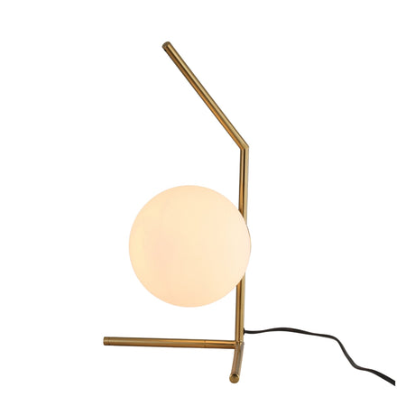 The Vetra 1 Light Opal Glass Table Lamp features a gold metal frame with angled rods, a round opal glass diffuser as the light source, and a visible black power cord.