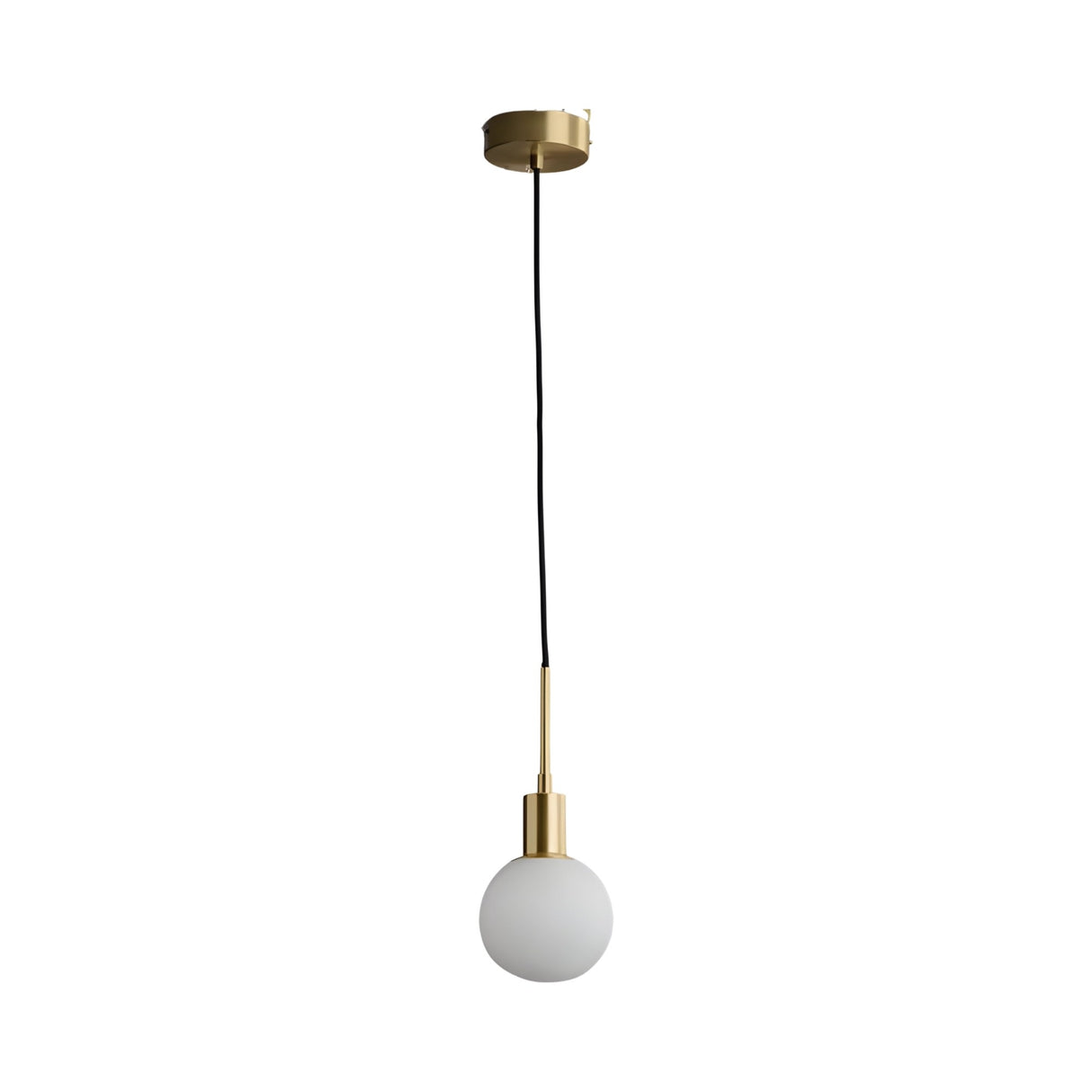 The Astra 1 Light Alabaster Single Pendant Light features a soft white round bulb suspended by a black cord from a brushed brass ceiling fixture, offering a sleek and contemporary minimalist design.