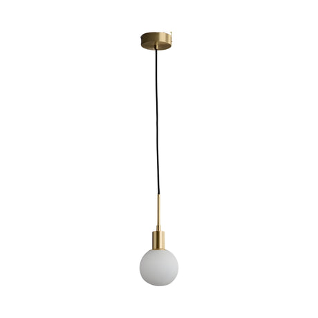 The Astra 1 Light Alabaster Single Pendant Light features a soft white round bulb suspended by a black cord from a brushed brass ceiling fixture, offering a sleek and contemporary minimalist design.