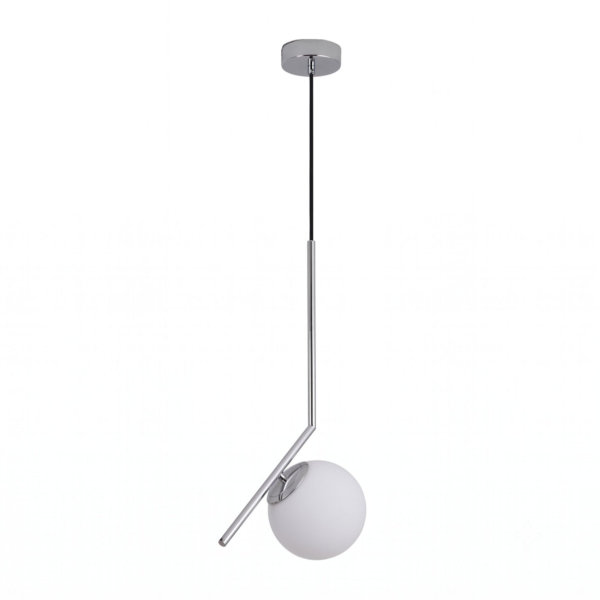 Niori Vetra pendant light with 30cm opal glass globe on an angled polished chrome stem, shown against a plain white background.