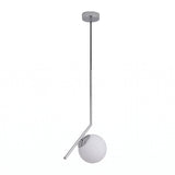 Niori Vetra pendant light with 30cm opal glass globe on an angled polished chrome stem, shown against a plain white background.