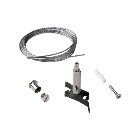 The Brillia Adjustable 5m Suspension Cable Kit (Without Ceiling Rose) - Black includes a coiled steel cable, adjustable suspension cable, metal cylindrical fitting, plug, small screw, and a metal and plastic bracket for pendant lights or lighting fixtures, all showcased on a white background.