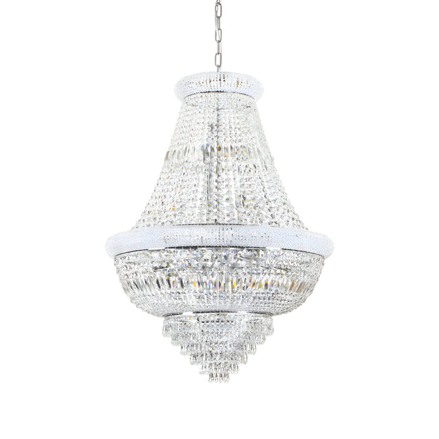 The Emberara Crystal 12 Light Chandelier - Chrome, showcasing opulent elegance, features a large and ornate tiered teardrop design. Suspended from a chain, it has multiple layers of sparkling clear crystals that beautifully reflect light, creating an atmosphere of unmatched luxury.