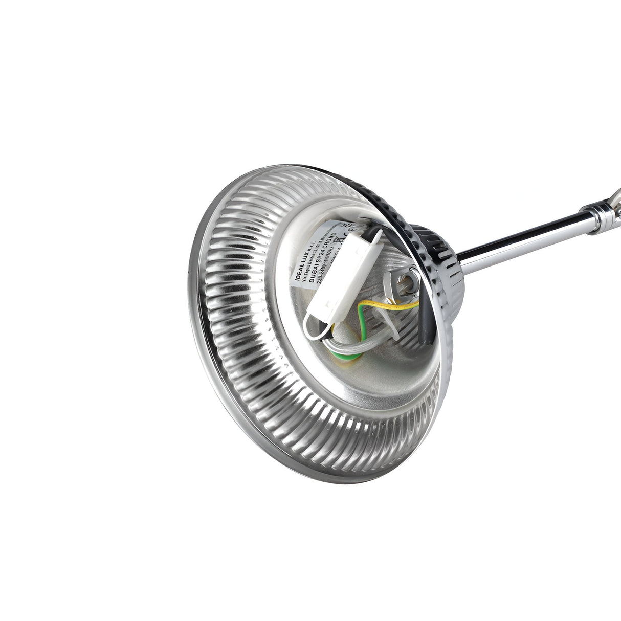 Close-up of the Emberara Crystal 12 Light Chandelier in chrome, featuring a modern, round lamp head with visible light bulbs and intricate wiring, exuding luxury lighting. This sleek fixture is attached to a metal rod against a white background, showcasing opulent elegance in every detail.