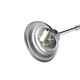 Close-up of the Emberara Crystal 12 Light Chandelier in chrome, featuring a modern, round lamp head with visible light bulbs and intricate wiring, exuding luxury lighting. This sleek fixture is attached to a metal rod against a white background, showcasing opulent elegance in every detail.