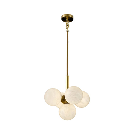 The Astra 5 Light Alabaster Pendant Light features five soft white alabaster globes in a modern cluster, suspended from a brushed brass rod and ceiling mount.