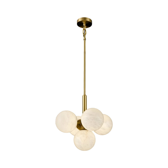 The Astra 5 Light Alabaster Pendant Light features five soft white alabaster globes in a modern cluster, suspended from a brushed brass rod and ceiling mount.