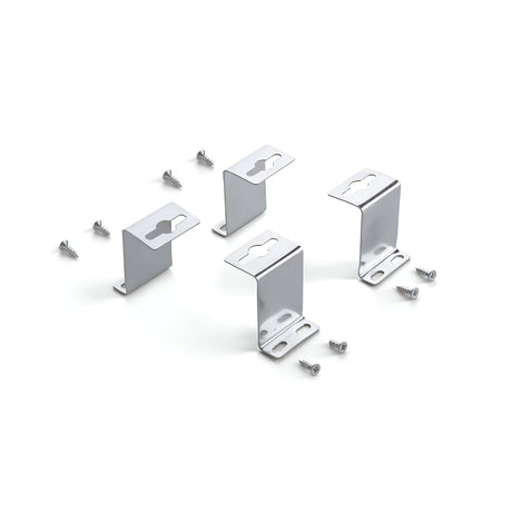 The Omera Metal Wall Mounting Bracket Set with screws for downlight is displayed on a white background. Three L-shaped brackets, designed for secure installation with a slot for mounting, are showcased alongside several scattered screws.