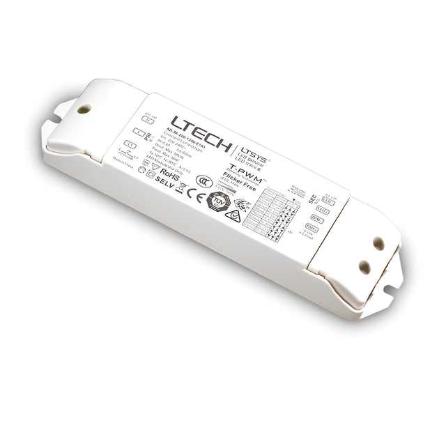 The Ecliptus Constant Voltage Dimmable LED Driver - 36W, 24V is a rectangular device with the LTECH brand name prominently displayed. It provides precise dimming control and efficient power management. The white driver features certification logos, technical specifications such as IP20 and PWM, and includes a chart for reference. Additionally, it has two mounting holes to facilitate easy installation.