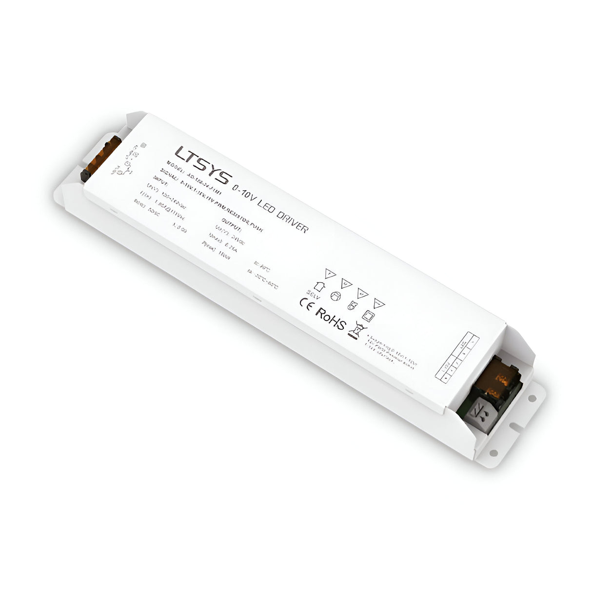 The image shows an Ecliptus Constant Voltage Dimmable LED Driver labeled LTSYS, highlighting model-specific information. This LED driver is engineered for 24V LED systems, providing flicker-free dimming capabilities. It is certified for RoHS compliance and features input and output connections on both rectangular ends.