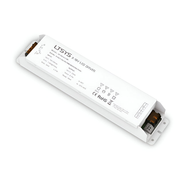The image shows an Ecliptus Constant Voltage Dimmable LED Driver labeled LTSYS, highlighting model-specific information. This LED driver is engineered for 24V LED systems, providing flicker-free dimming capabilities. It is certified for RoHS compliance and features input and output connections on both rectangular ends.