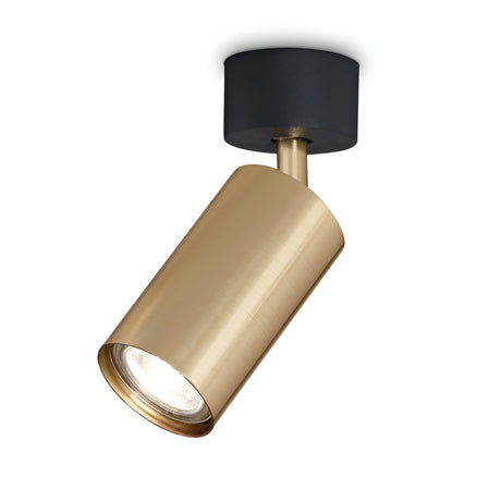 The Emberfield Single Spotlight - Brass showcases a durable metal design, featuring a sleek brass cylindrical spotlight complemented by a contrasting black base, making it an ideal choice for contemporary interiors.