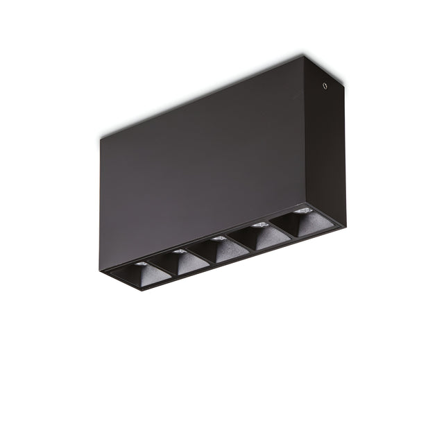 The Phosix LED Downlight, featuring a minimalist design, showcases five recessed circular 12W LED downlight holders in black, captured from below against a plain white background.