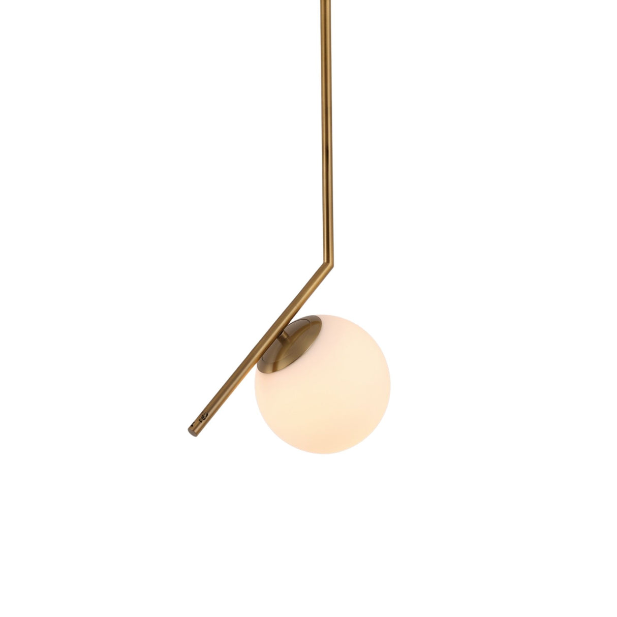 Niori Vetra Opal Glass Small Pendant Light in gold, with a bent brushed gold stem cradling a white opal glass globe against a plain background.