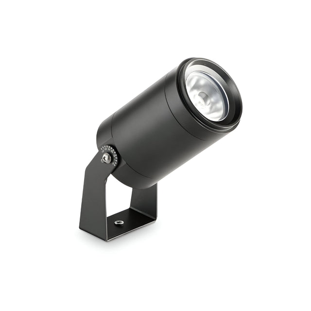 The Solarium LED Outdoor Single Spotlight 5.5W 3000K in black features a cylindrical design, IP86 weatherproof protection, and an adjustable bracket mount. It is shown angled upward on a white background.