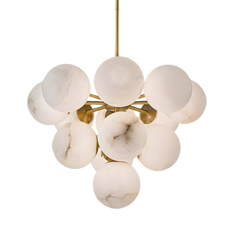 The Astra 12 Light Alabaster Pendant Light features a brushed brass frame with soft white alabaster and frosted glass globes, arranged in a sculptural cluster for modern statement lighting.