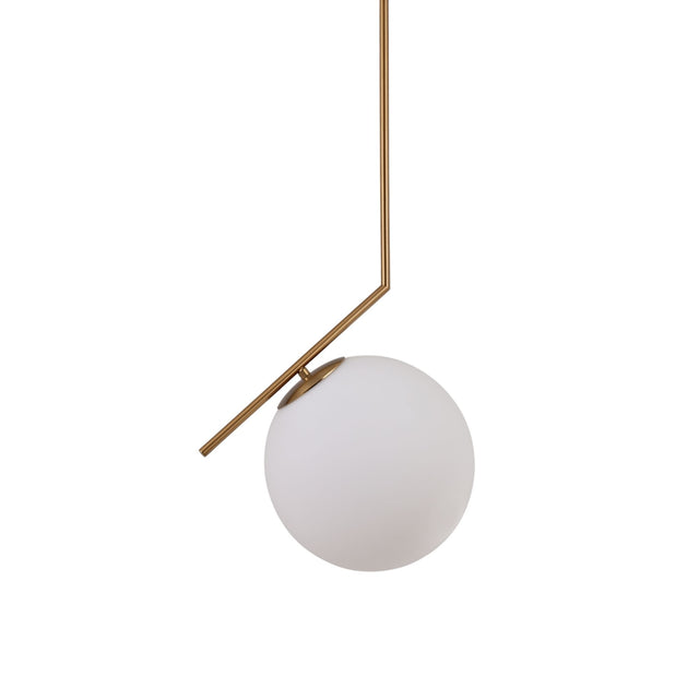 Niori Vetra Opal Glass Pendant Light in brushed gold, featuring a slim angled arm holding a 30cm opal glass globe off to one side, on a white background.