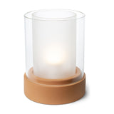 PotLight Glass Table Lamp in terracotta, round ceramic base with clear outer and frosted inner glass cylinders, lit E27 bulb, on a plain white background.