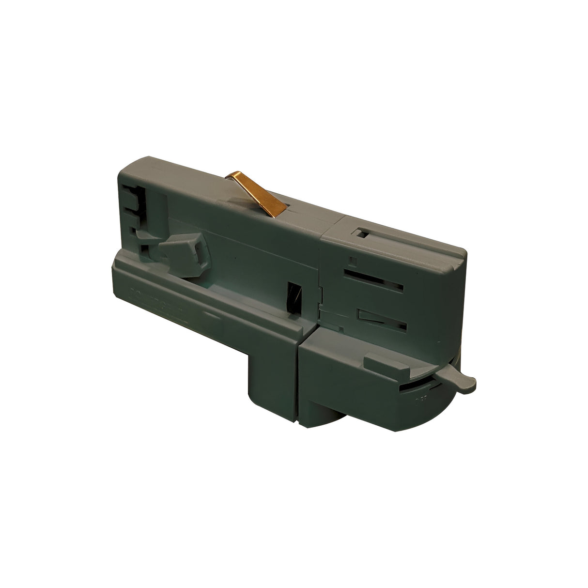 A compact, rectangular green plastic lock mechanism boasts multiple slots and a small metallic lever on the top, perfectly compatible with the Brillia Dimmable 3-Phase Track Adapter in black.
