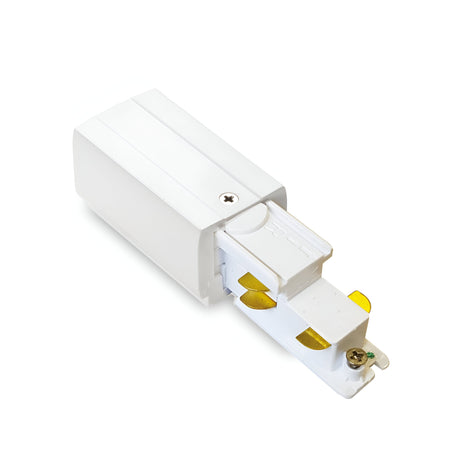 This close-up showcases the Brillia 3-Phase Track End-Left Power Input in white, featuring gold contacts. It's ideal for connecting 3-phase track lighting to a power source. The design is rectangular with a visible top screw, and it carries an IP20 rating, making it suitable for indoor use. Plus, it's dimmable with 1-10V compatibility.