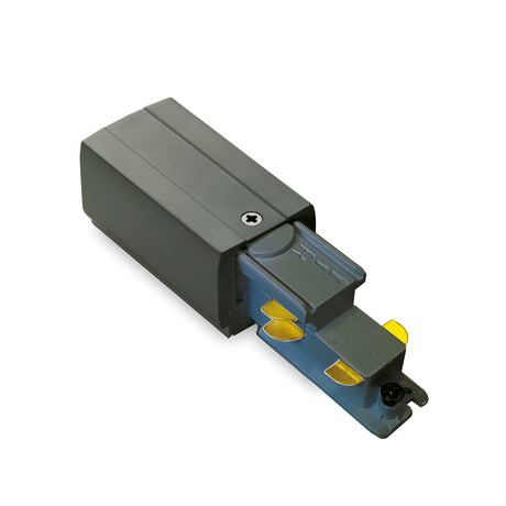 Close-up of a gray electrical connector with a metallic blue component, featuring gold-colored contacts. The compact and boxy design, suited for the Brillia 3-Phase Trimless Track End-Right Power Input - Dimmable, 1-10V in black, includes a visible screw on top and complies with IP20 rating standards.