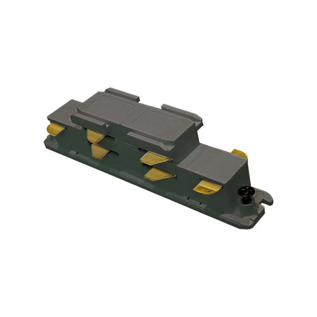 Introducing the Brillia Dimmable 3-Phase Electric Track Connector in black. This track piece showcases yellow-accented connections on the sides and top, and features a small black gear at one end for seamless joining with other sections. Its sleek gray and green plastic construction adds a touch of sophistication to playtime.
