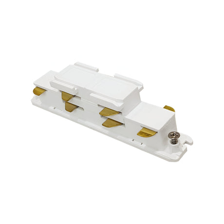 The Brillia Dimmable 3-Phase Electric Track Connector in white features multiple gold-colored contacts and a screw on one end, ideal for use in contemporary lighting projects. Isolated against a white background, it provides both a sleek appearance and flexibility in dimmable lighting configurations.