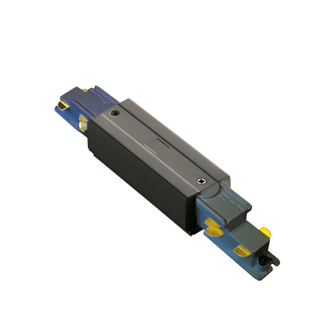 Introducing the Brillia 3-Phase Trimless Track Middle Power Input—a dimmable, 1-10V rectangular electrical connector—crafted for seamless electronic device integration. It features a sleek black center and vibrant blue ends, accented by luxe gold and silver metallic components.