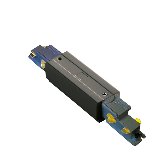 Introducing the Brillia 3-Phase Trimless Track Middle Power Input—a dimmable, 1-10V rectangular electrical connector—crafted for seamless electronic device integration. It features a sleek black center and vibrant blue ends, accented by luxe gold and silver metallic components.