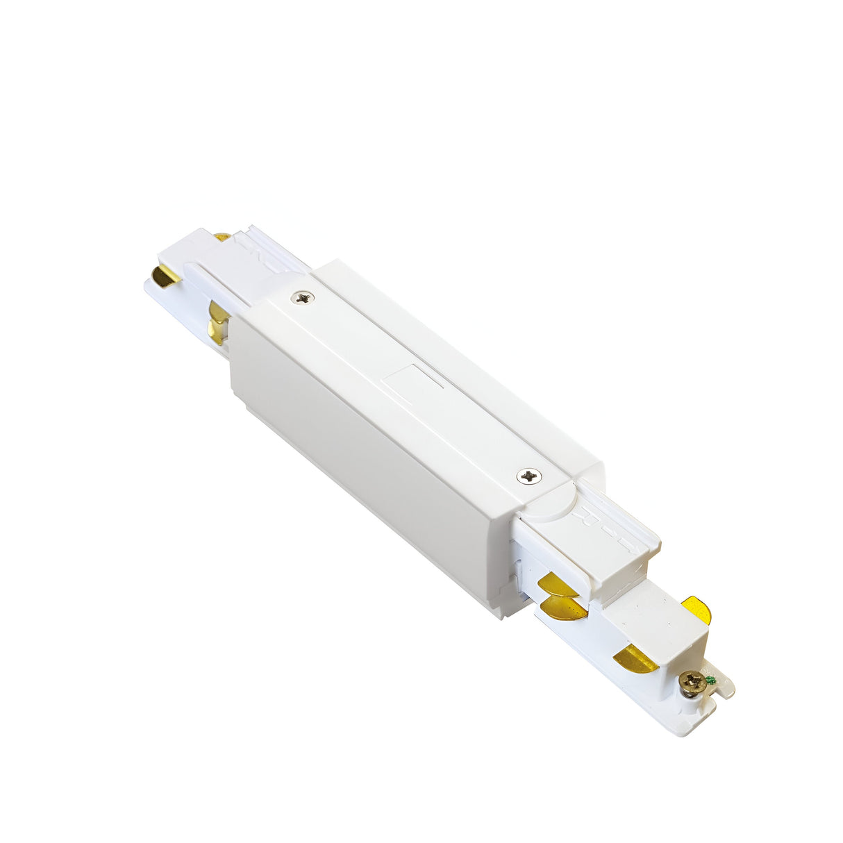 The Brillia Trimless Track Middle Power Input in white, equipped with dimmable 1-10V functionality, features a sleek rectangular housing and secure connection points at each end. It incorporates brass contacts for joining linear sections, making it an ideal choice for modern lighting installations.