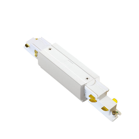 The Brillia Trimless Track Middle Power Input in white, equipped with dimmable 1-10V functionality, features a sleek rectangular housing and secure connection points at each end. It incorporates brass contacts for joining linear sections, making it an ideal choice for modern lighting installations.