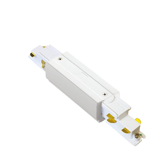 The Brillia Trimless Track Middle Power Input in white, equipped with dimmable 1-10V functionality, features a sleek rectangular housing and secure connection points at each end. It incorporates brass contacts for joining linear sections, making it an ideal choice for modern lighting installations.