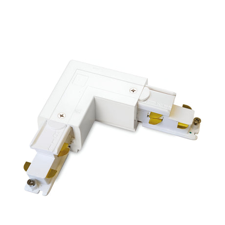 The Brillia 3-Phase L-Connector Track Left, finished in white and equipped with gold-colored metal contacts on both ends, effortlessly connects lighting tracks at a right angle. This elegant dimmable accessory, suitable for 1-10V systems and displayed against a plain white backdrop, is ideal for enhancing track lighting systems with dimming capability.