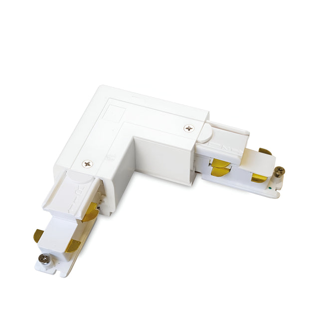 The Brillia 3-Phase L-Connector Track Left, finished in white and equipped with gold-colored metal contacts on both ends, effortlessly connects lighting tracks at a right angle. This elegant dimmable accessory, suitable for 1-10V systems and displayed against a plain white backdrop, is ideal for enhancing track lighting systems with dimming capability.