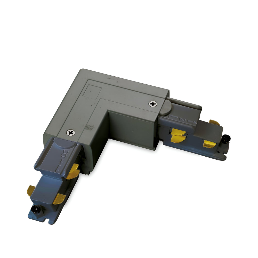 The Brillia T3-Phase rimless L-Connector Track Right, featuring a gray body with yellow brass connectors at both ends, is displayed on a white background and is perfect for dimmable 3-phase track lighting.