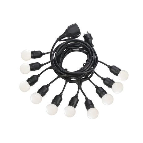 The Velox Outdoor String Lights - Black, 6m features a coiled string with ten evenly spaced round white bulbs. It ends with a durable black power plug, making it ideal for stylish decorative settings.