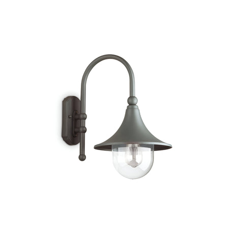 The Lumis Outdoor Wall Light - Grey showcases a black outdoor design with a curved arm and bell-shaped shade, both made from die-cast aluminum in a sleek grey finish. It encases a clear globe that reveals an exposed light bulb.