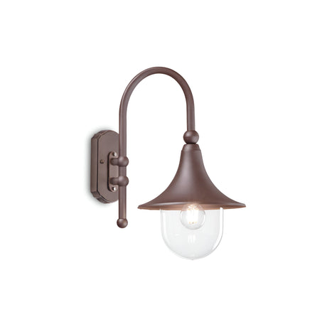 Introducing the Lumis Outdoor Wall Light - Brown, a die-cast aluminum fixture featuring a curved arm and bell-shaped shade. This elegant light extends from a rectangular base plate and includes a clear acrylic diffuser that reveals a single bulb inside.