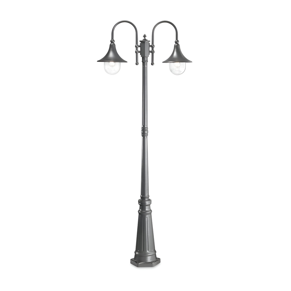 The Lumis Twin Head Lamp Post - Anthracite showcases a sophisticated double-headed design with a tall black structure. It features two elegantly curved arms holding bell-shaped shades and clear glass bulb covers, all supported by an ornate, tapered base for a chic outdoor lighting solution.