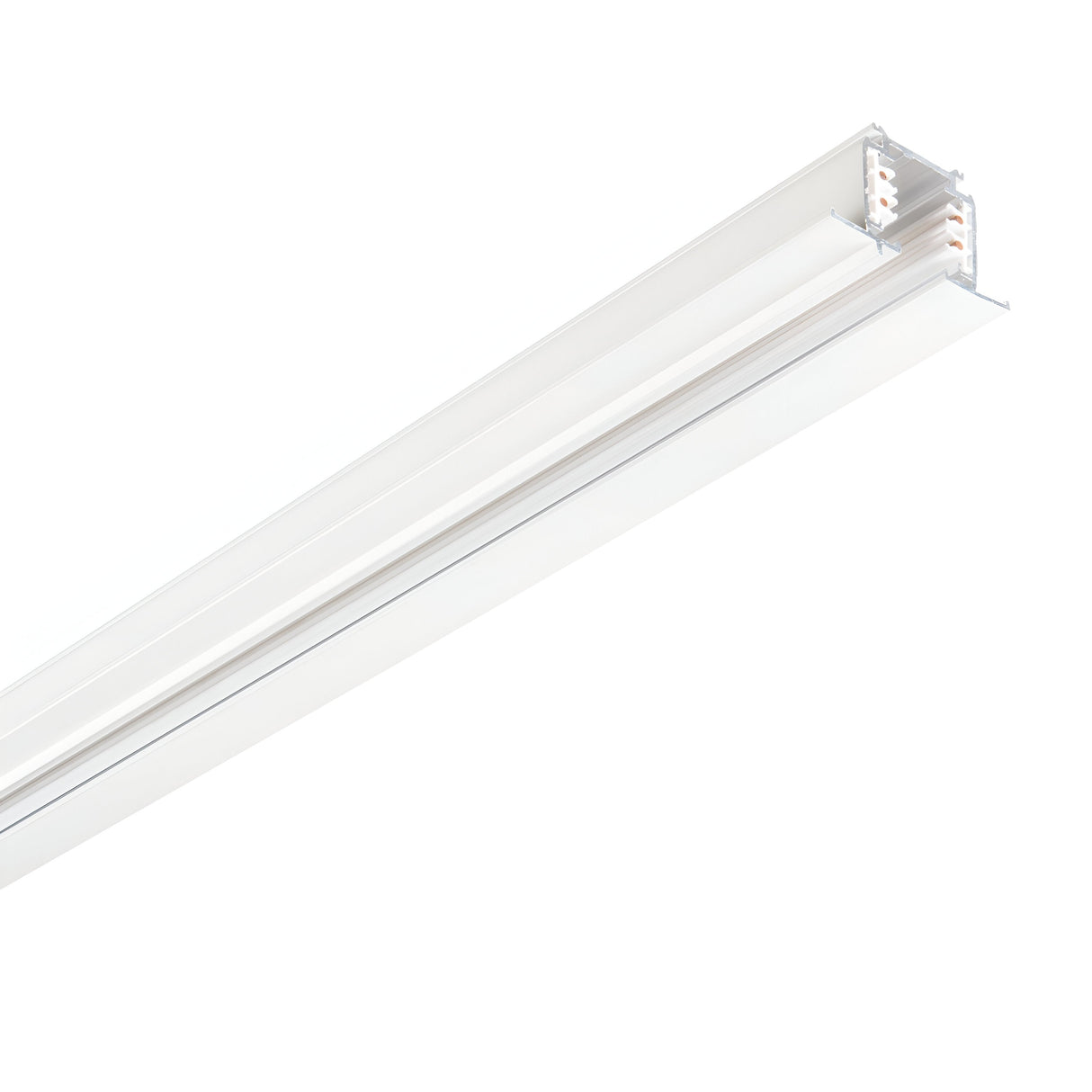 A close-up view of the Brillia Dimmable 3-Phase Trim Profile Recessed Track 2m in white against a plain white background features multiple slots for installing light fixtures. This modern lighting solution provides versatility and elegance, ideal for those looking for recessed or dimmable track lighting options.