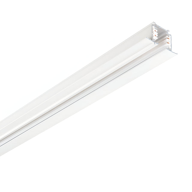 A close-up view of the Brillia Dimmable 3-Phase Trim Profile Recessed Track 2m in white against a plain white background features multiple slots for installing light fixtures. This modern lighting solution provides versatility and elegance, ideal for those looking for recessed or dimmable track lighting options.