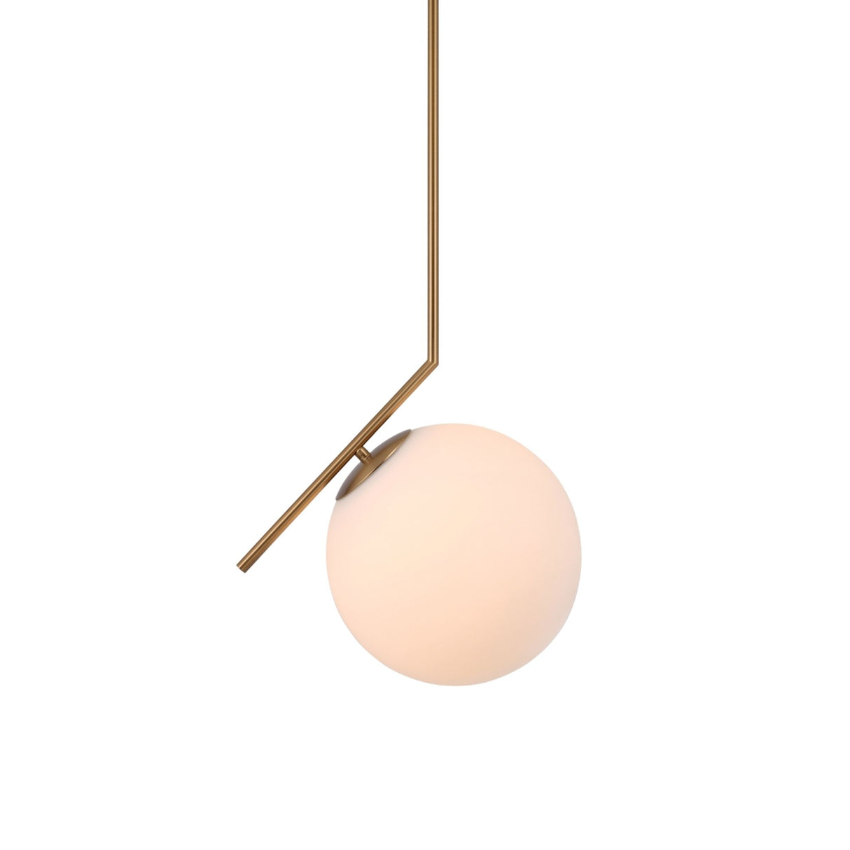 Niori Vetra Opal Glass Pendant Light in brushed gold, featuring a slim angled arm cradling a 30cm opal globe, shown against a white background.